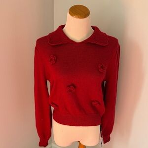 Cider Red Crewneck Sweater with Floral Appliqués